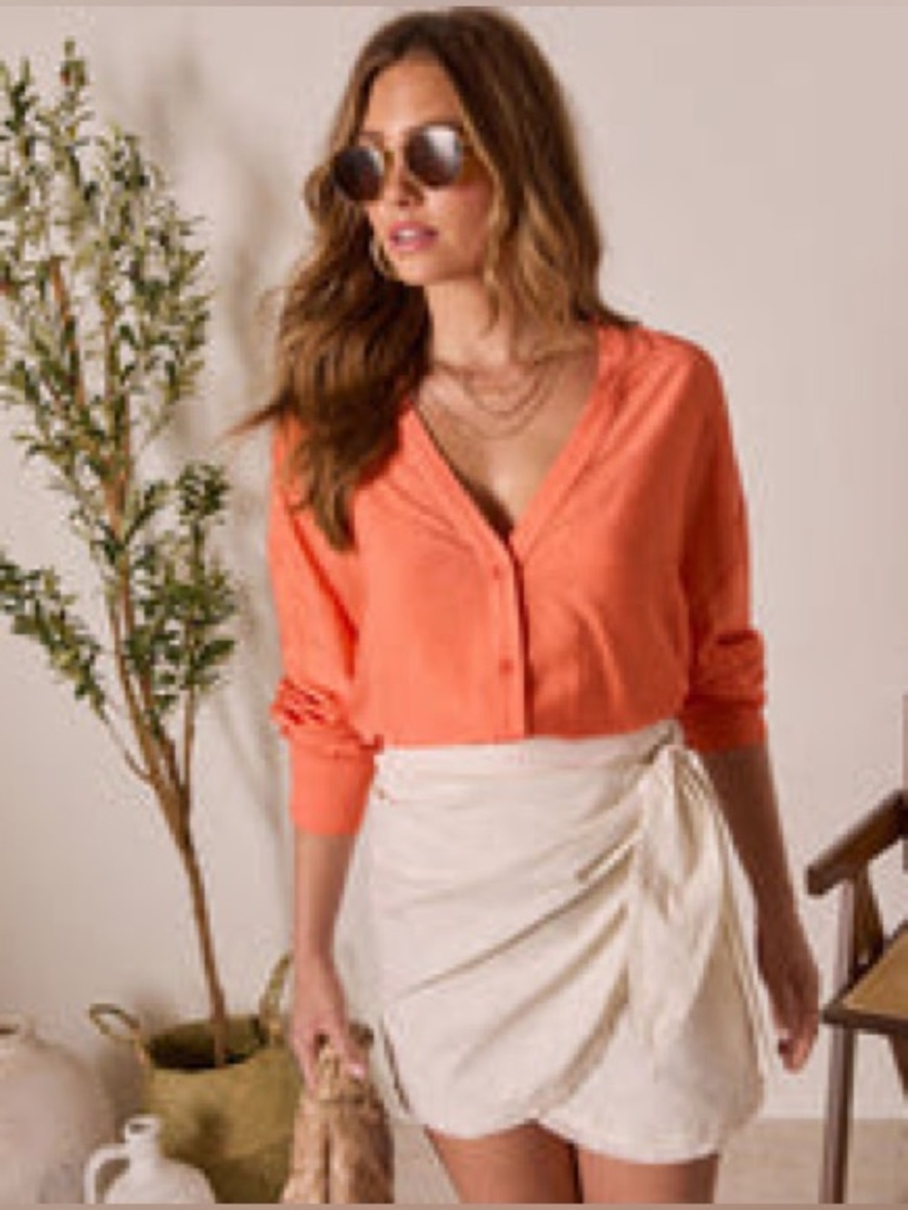 House Of Sun Satin Button Up V-Neck Blouse [Never Worn]